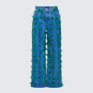 Finesse Blue Denim Wide-Leg Jeans with Green Feather Details